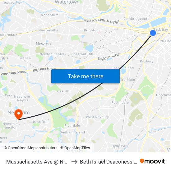 Massachusetts Ave @ Newbury St to Beth Israel Deaconess Hospital map