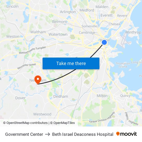 Government Center to Beth Israel Deaconess Hospital map