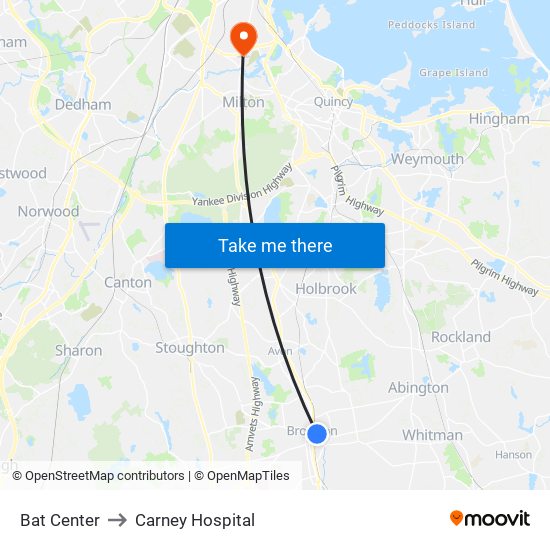 Bat Center to Carney Hospital map
