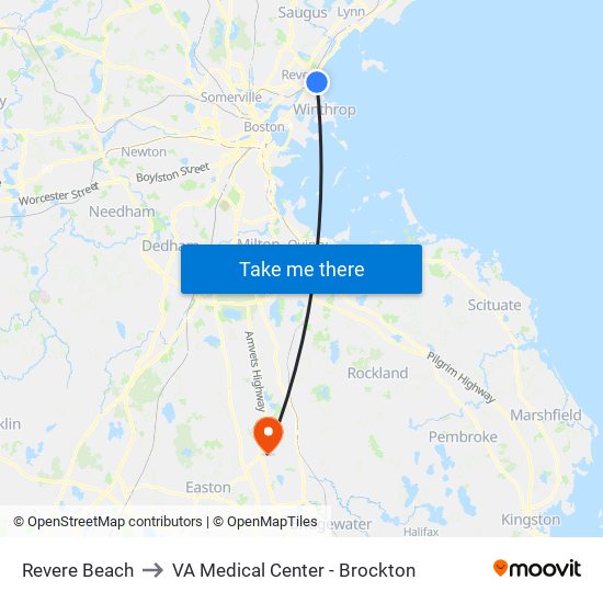 Revere Beach to VA Medical Center - Brockton map