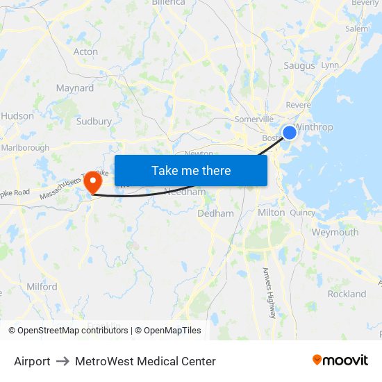 Airport to MetroWest Medical Center map