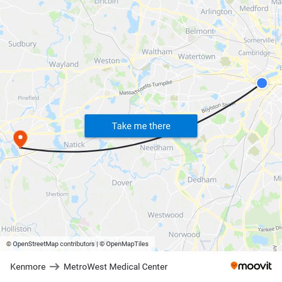 Kenmore to MetroWest Medical Center map