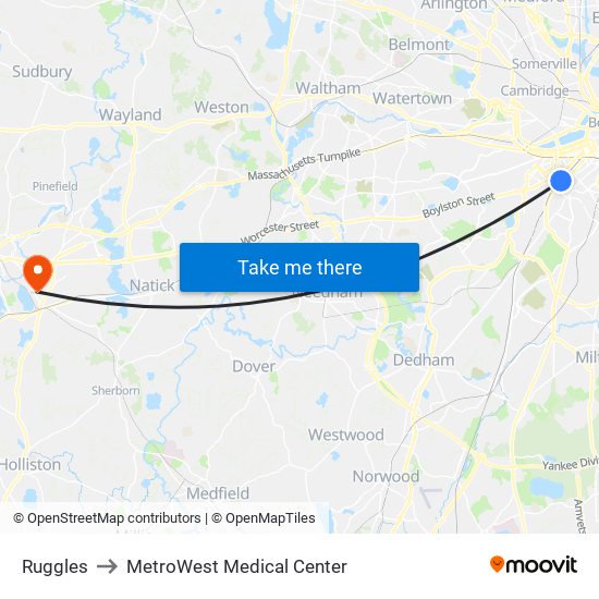 Ruggles to MetroWest Medical Center map