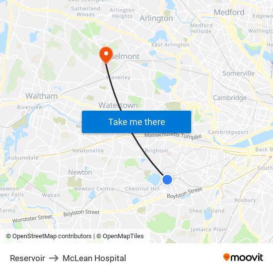 Reservoir to McLean Hospital map