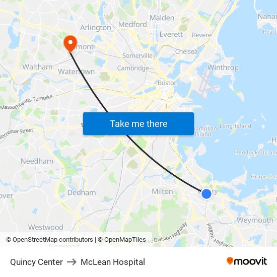 Quincy Center to McLean Hospital map