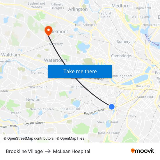 Brookline Village to McLean Hospital map