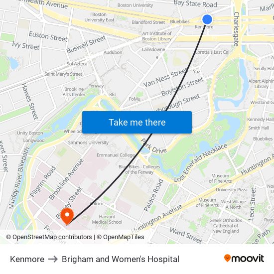 Kenmore to Brigham and Women's Hospital map