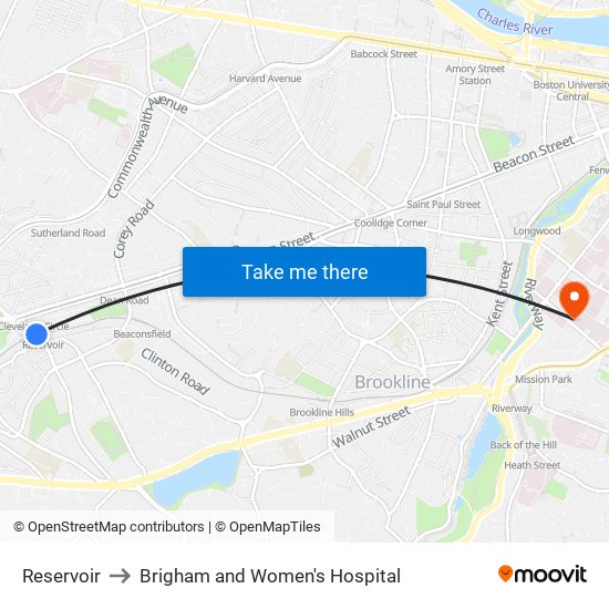 Reservoir to Brigham and Women's Hospital map