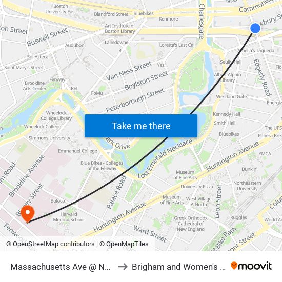 Massachusetts Ave @ Newbury St to Brigham and Women's Hospital map