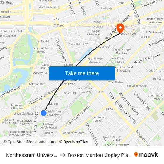 Northeastern University to Boston Marriott Copley Place map