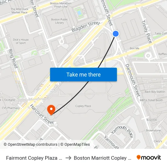 Fairmont Copley Plaza Gym to Boston Marriott Copley Place map