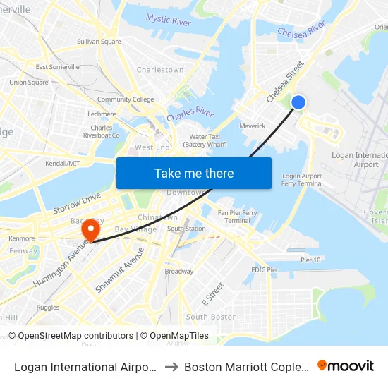 Logan International Airport (BOS) to Boston Marriott Copley Place map