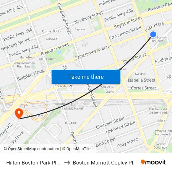 Hilton Boston Park Plaza to Boston Marriott Copley Place map