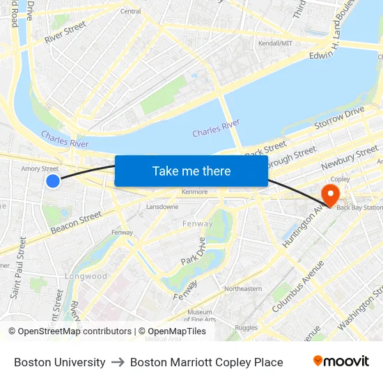 Boston University to Boston Marriott Copley Place map