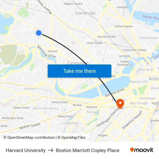 Harvard University to Boston Marriott Copley Place map