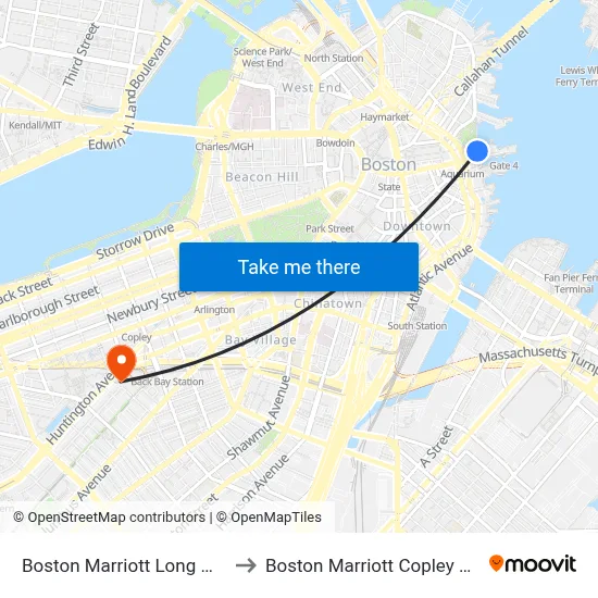 Boston Marriott Long Wharf to Boston Marriott Copley Place map