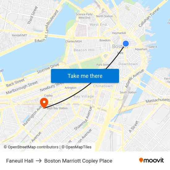 Faneuil Hall to Boston Marriott Copley Place map