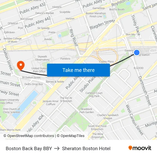 Boston Back Bay BBY to Sheraton Boston Hotel map