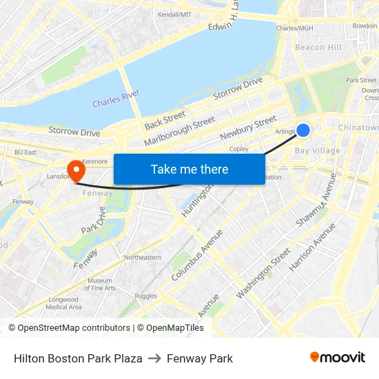 Hilton Boston Park Plaza to Fenway Park map