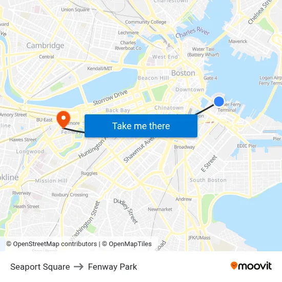 Seaport Square to Fenway Park map