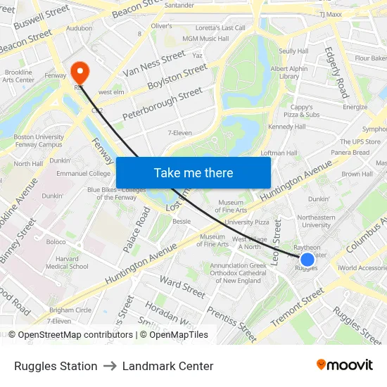 Ruggles Station to Landmark Center map
