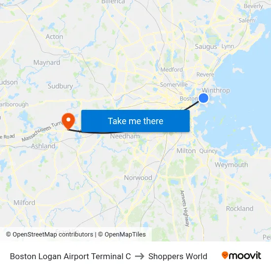 Boston Logan Airport Terminal C to Shoppers World map