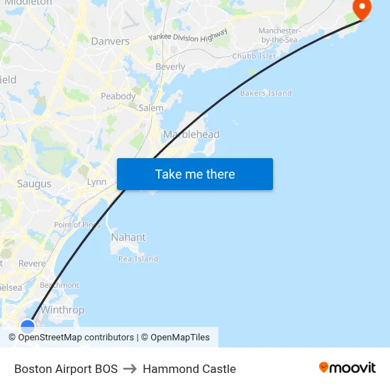 Boston Airport BOS to Hammond Castle map