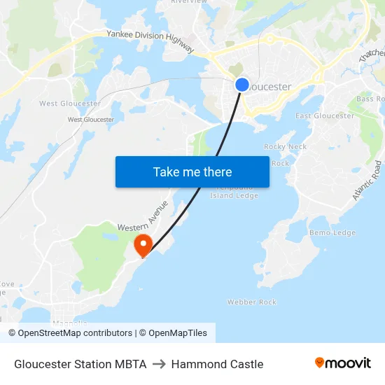 Gloucester Station MBTA to Hammond Castle map