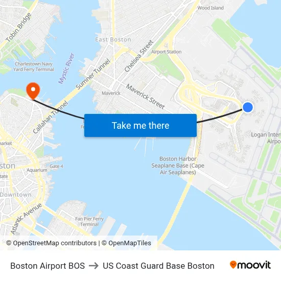 Boston Airport BOS to US Coast Guard Base Boston map