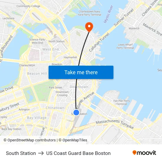 South Station to US Coast Guard Base Boston map