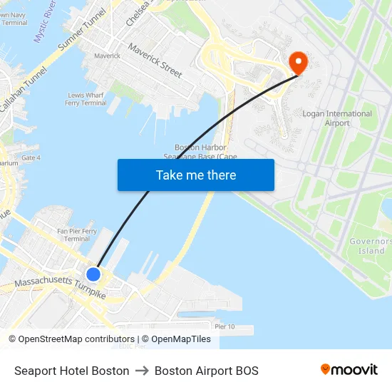 Seaport Hotel Boston to Boston Airport BOS map