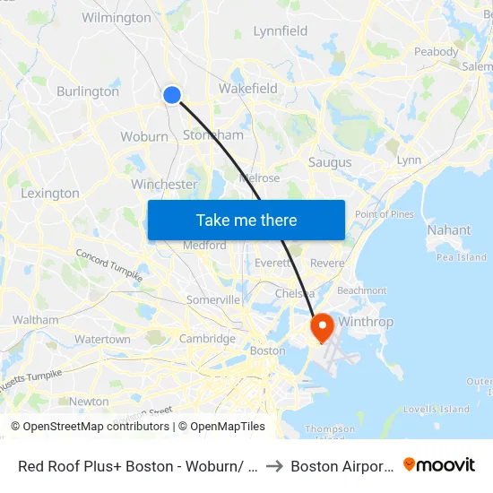 Red Roof Plus+ Boston - Woburn/ Burlington to Boston Airport BOS map