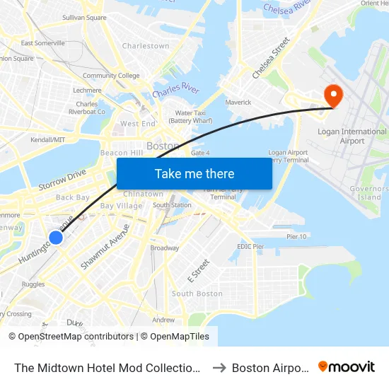 The Midtown Hotel Mod Collection by Sonesta to Boston Airport BOS map