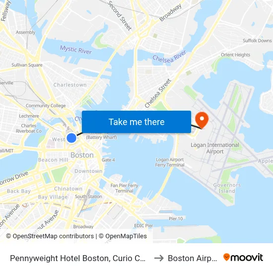 Pennyweight Hotel Boston, Curio Collection by Hilton to Boston Airport BOS map