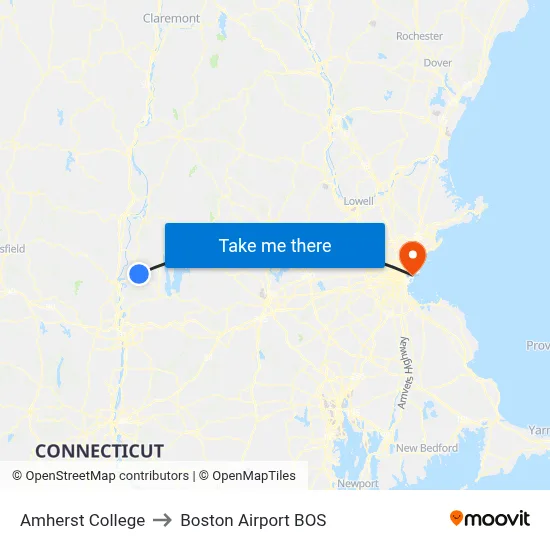 Amherst College to Boston Airport BOS map
