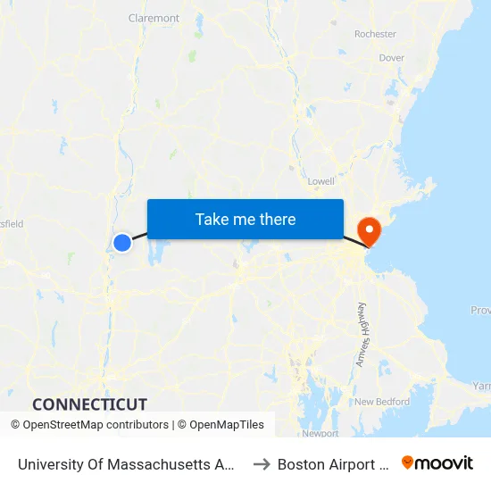 University Of Massachusetts Amherst to Boston Airport BOS map