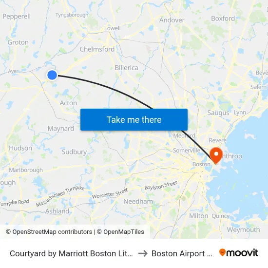 Courtyard by Marriott Boston Littleton to Boston Airport BOS map