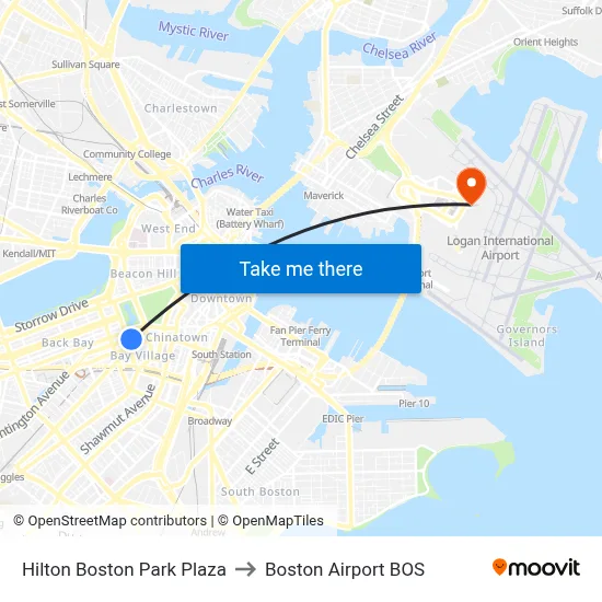 Hilton Boston Park Plaza to Boston Airport BOS map