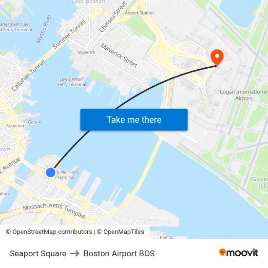 Seaport Square to Boston Airport BOS map