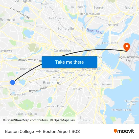 Boston College to Boston Airport BOS map