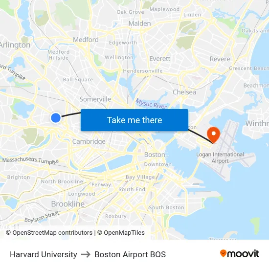 Harvard University to Boston Airport BOS map