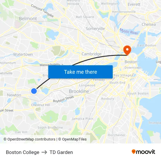 Boston College to TD Garden map