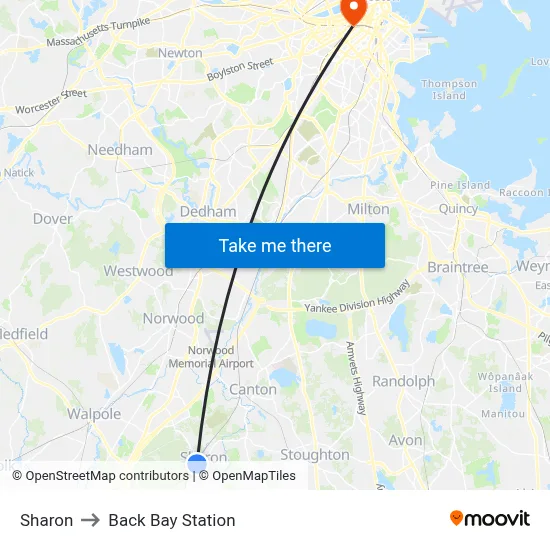 Sharon to Back Bay Station map