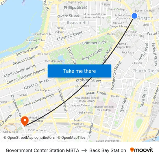 Government Center Station MBTA to Back Bay Station map