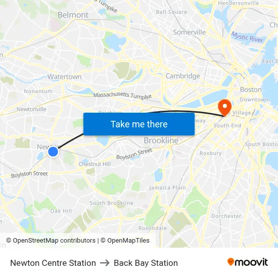 Newton Centre Station to Back Bay Station map