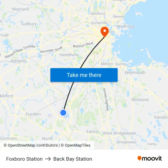 Foxboro Station to Back Bay Station map