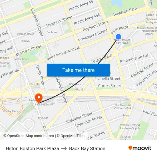 Hilton Boston Park Plaza to Back Bay Station map