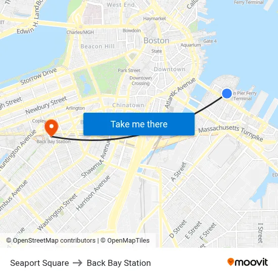 Seaport Square to Back Bay Station map
