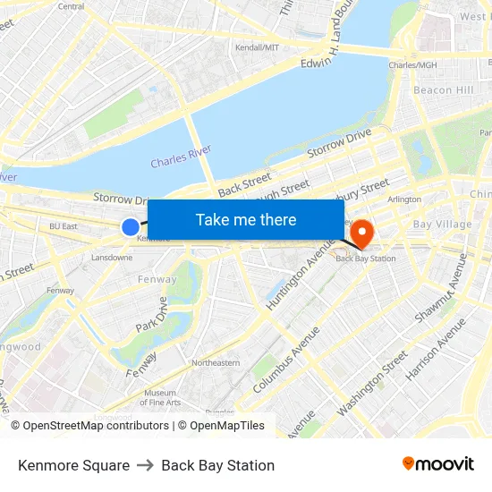 Kenmore Square to Back Bay Station map