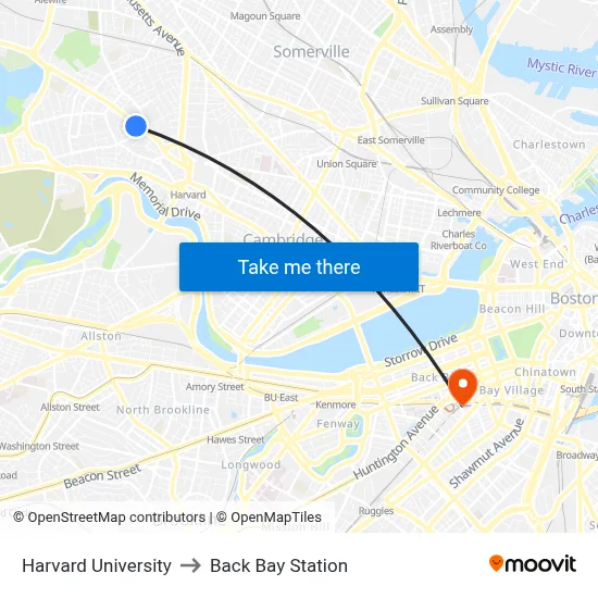 Harvard University to Back Bay Station map
